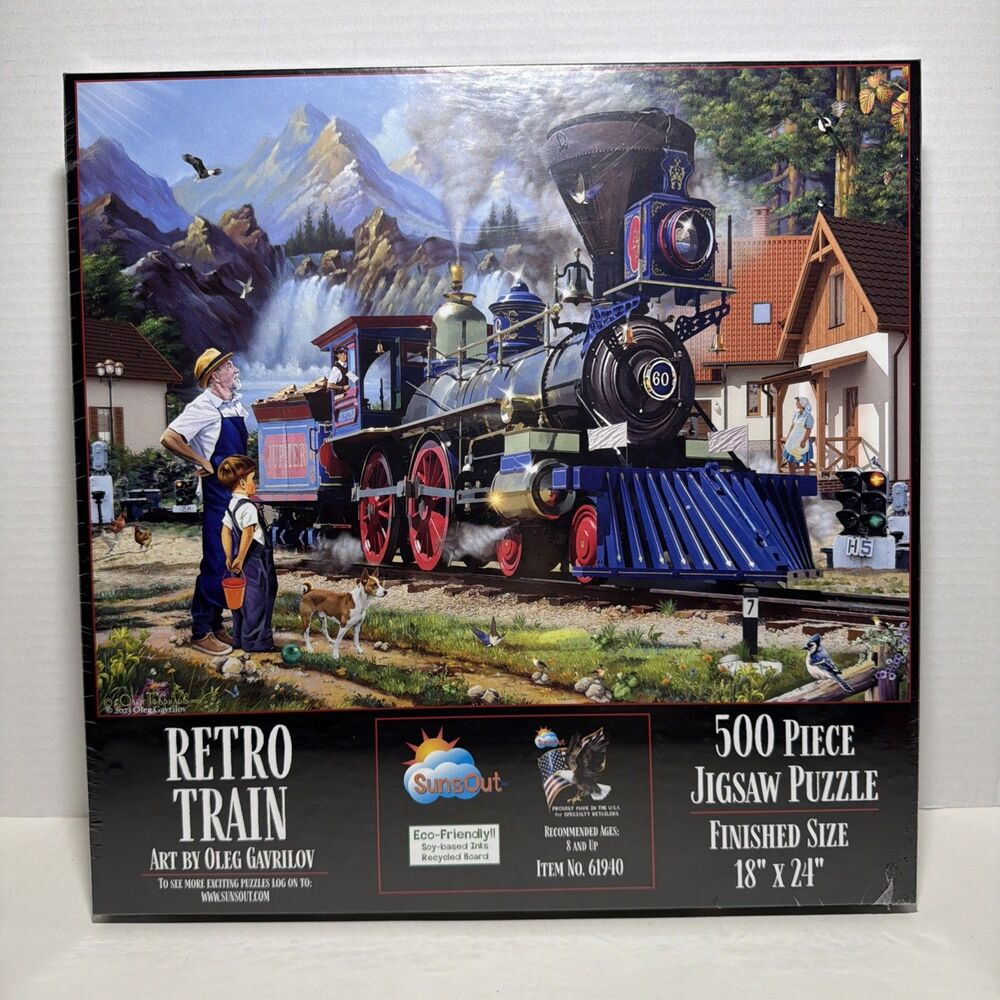SunsOut Retro Train 500 pc Jigsaw Puzzle Oleg Gavrilov‎ Americana Locomotive